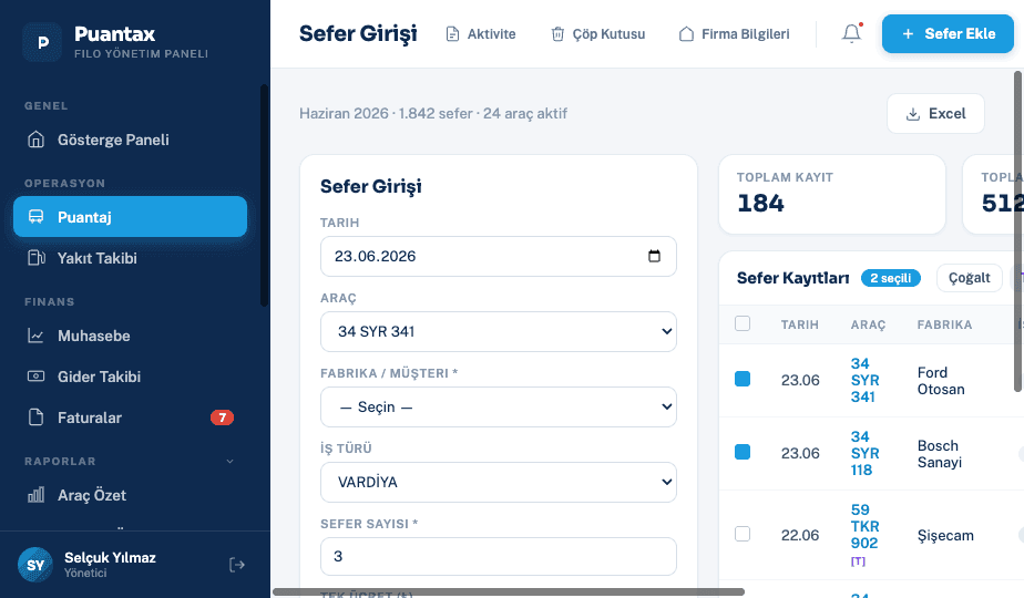 Personel taşımacılığı puantaj ve sefer girişi ekranı