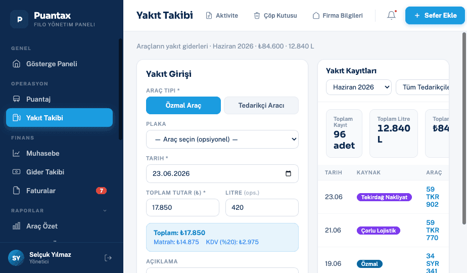 Servis filosu gider ve yakıt takibi ekranı