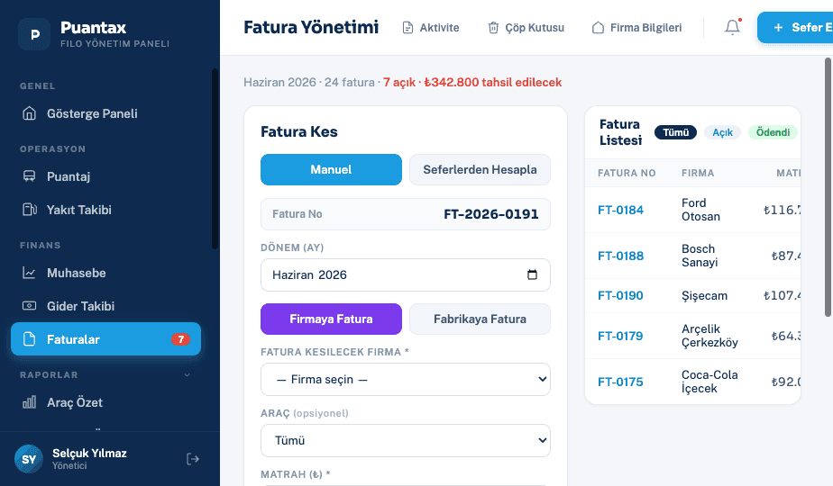 Fatura yönetimi ekranı