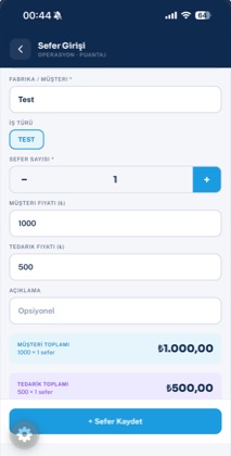 Puantax mobil uygulama — sefer girişi ekranı